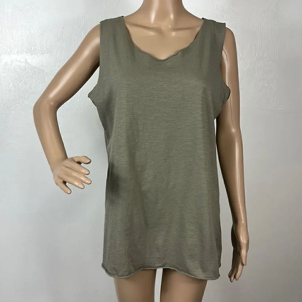 Made In Italy Olive Green V-neck Raw Edge Tunic Top One Size
